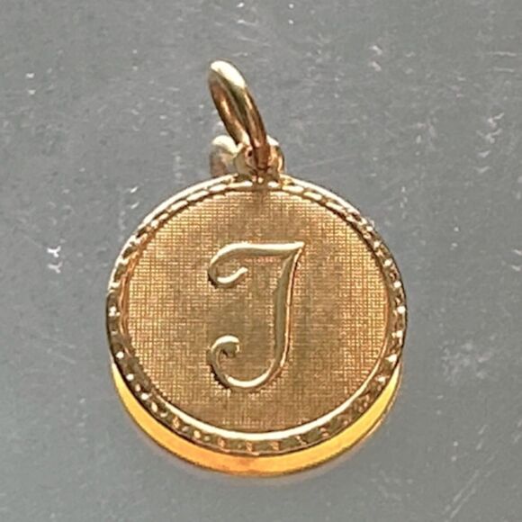 Vintage 14k gold electroplated round disc letter T or  J pendant - Picture 1 of 3
